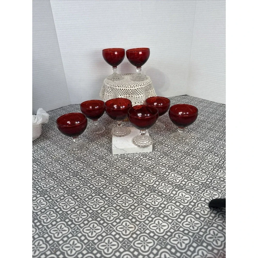 Vintage Set 8 Anchor Hocking Bubble Stem Champagne Sherbet Glasses Ruby Red 3.5